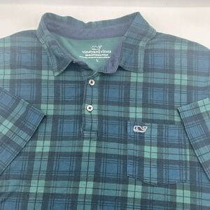 Vineyard Vines Edgartown Men's  Large Plaid Green Short Sleeves Polo Shirt Logo